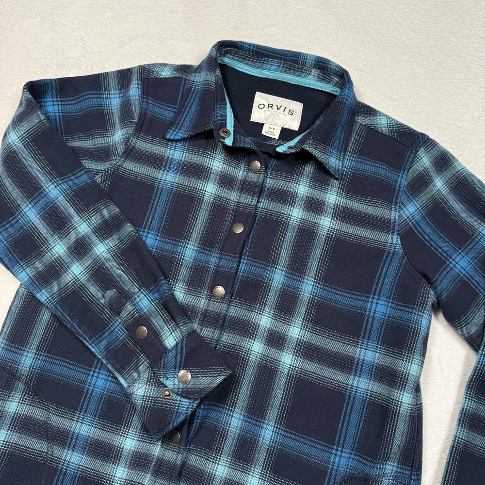 Orvis Jacket Womens Medium Blue‎ Plaid Fleece Lined Snap Front Shacket Pockets